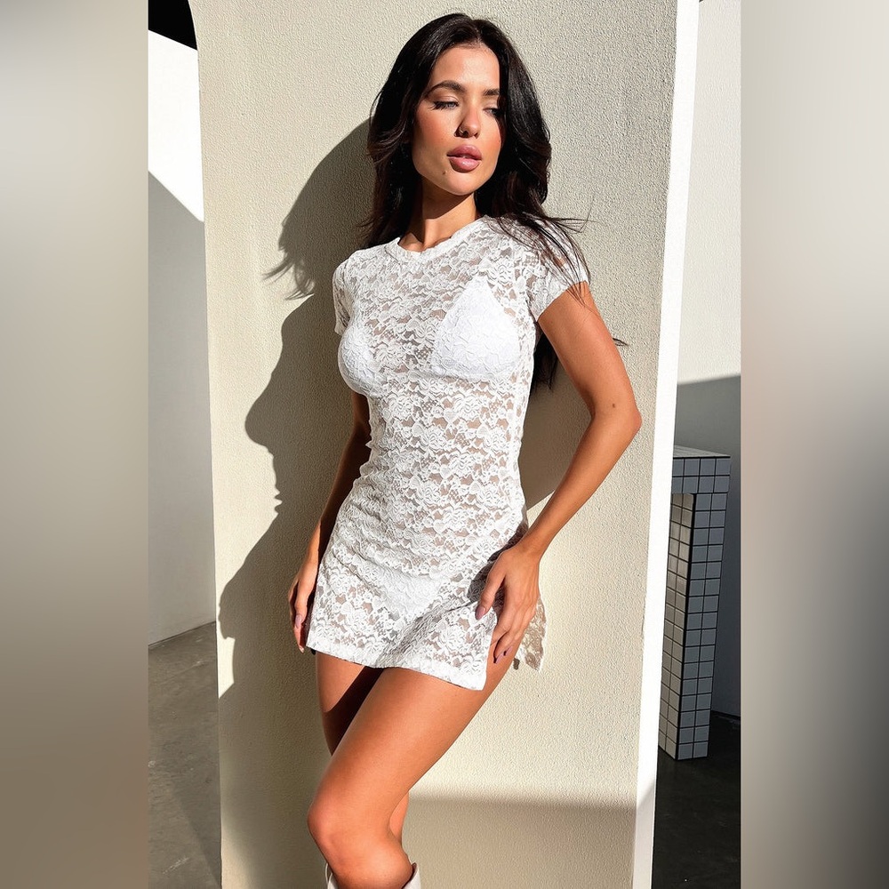 That’s So Fetch Claudia White Lace Mini Dress Slits Festival Round Neck XXS 0 - Picture 10 of 10
